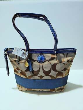 Coach Signature Stripe Canvas and Leather Tote Bag F19046